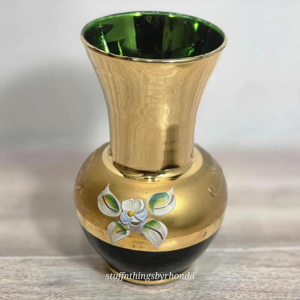 Vintage Bohemian Czech Style Enamel Floral Gold & Green Glass 4